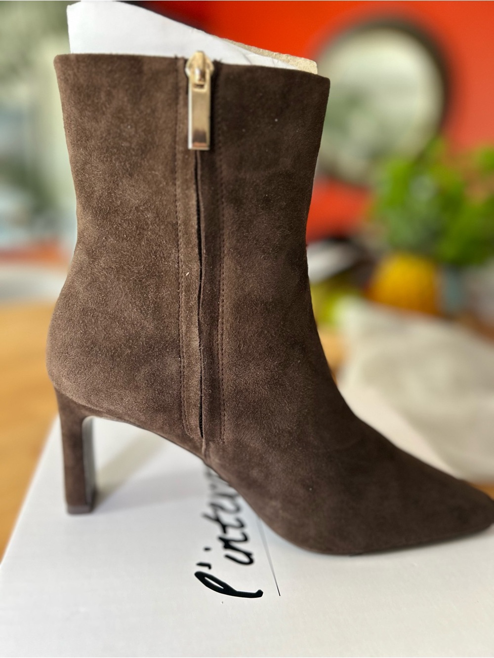 L'INTERVALLE Dark Brown Suede Pointed Toe Ankle Bootie - Picture 2 of 6